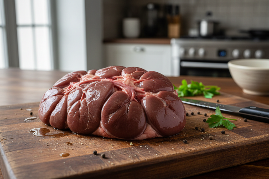 Beef kidney on a cutting board