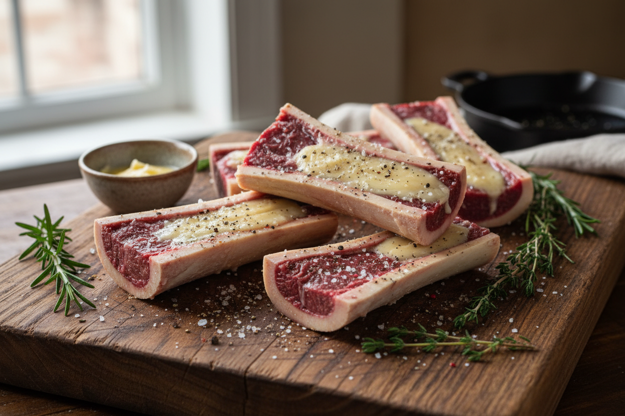 Beef Marrow Bones on a Cutting Board
