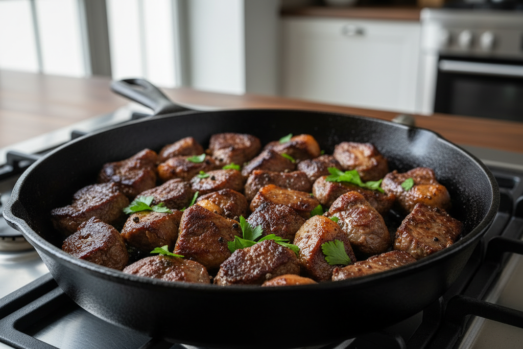 Cooked beef kidney in a pan