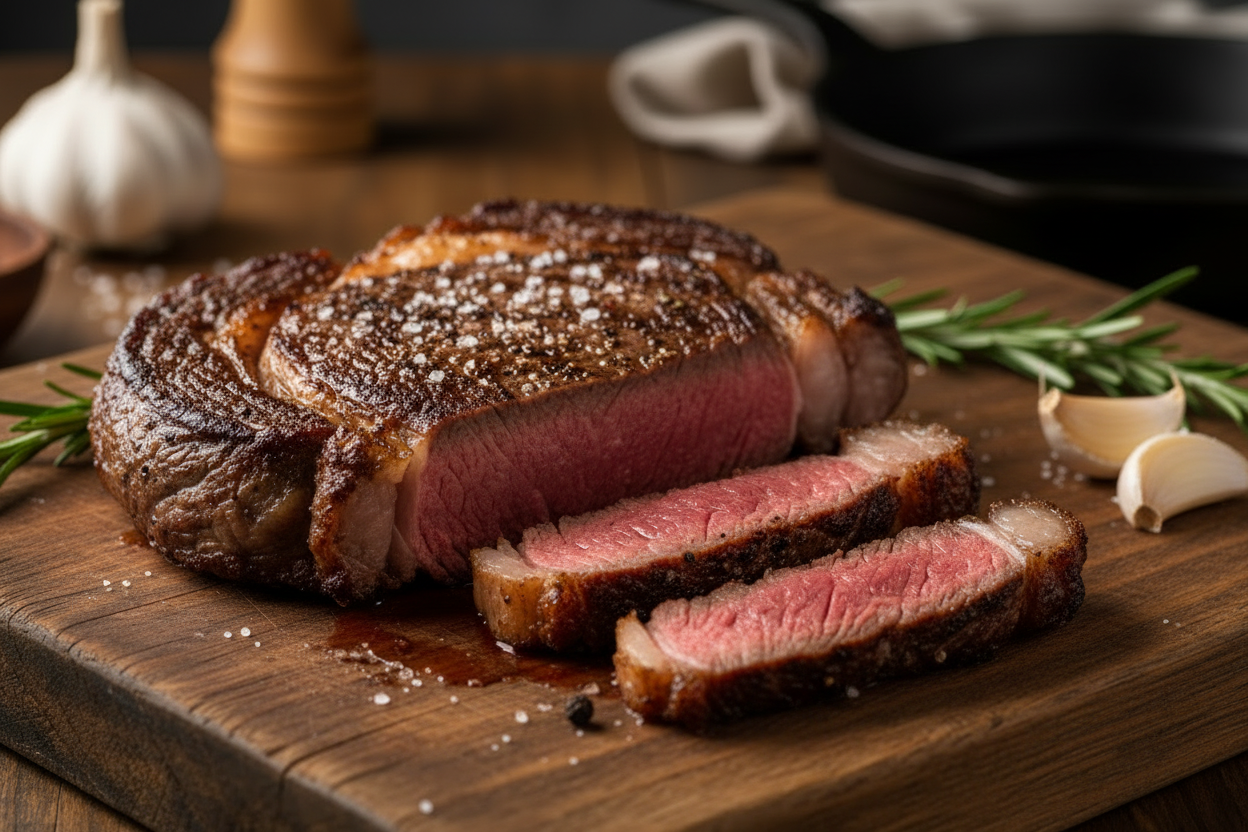 Cooked Boneless Ribeye on Cutting Board
