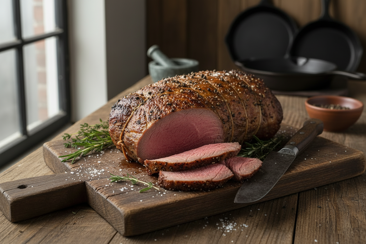Cooked eye of round roast on a cutting board