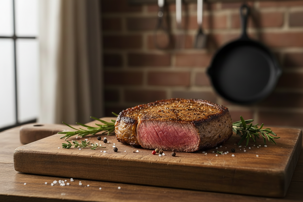Cooked eye of round steak on a cutting board
