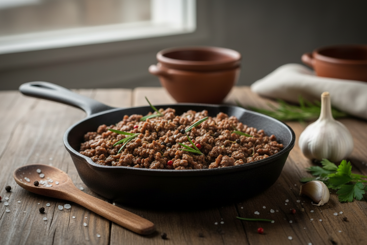 Cooked ground beef in a skillet