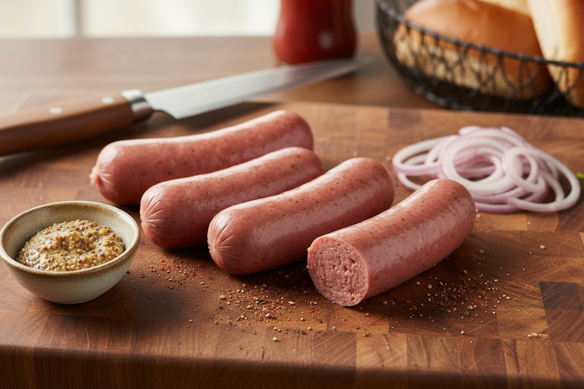 Raw Beef Hotdogs on a Cutting Board