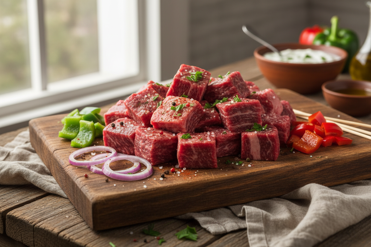 Raw Beef Kabob on Cutting Board