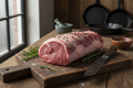 Raw eye of round roast on a cutting board