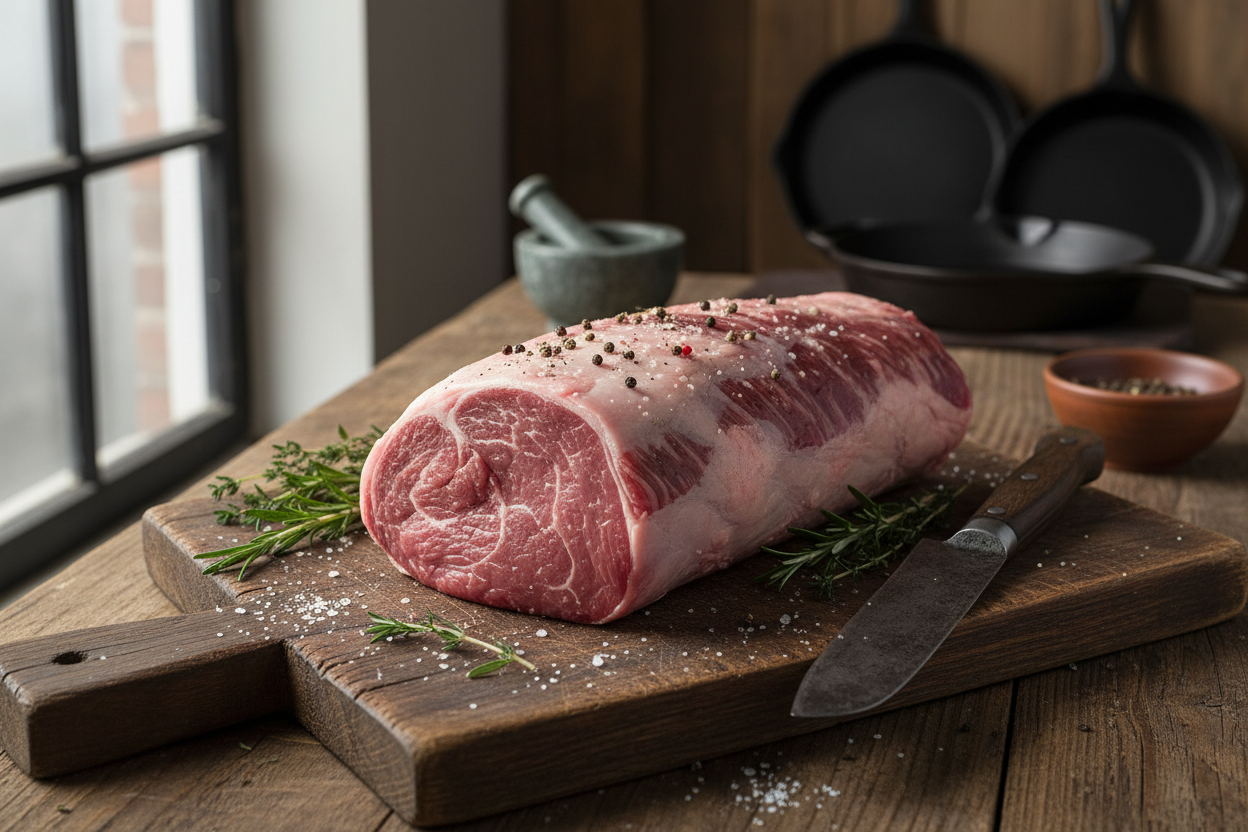 Raw eye of round roast on a cutting board