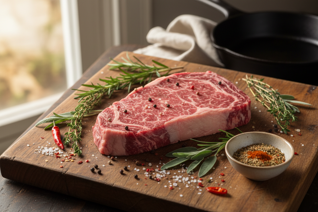 Raw Flat Iron Steak on Cutting Board