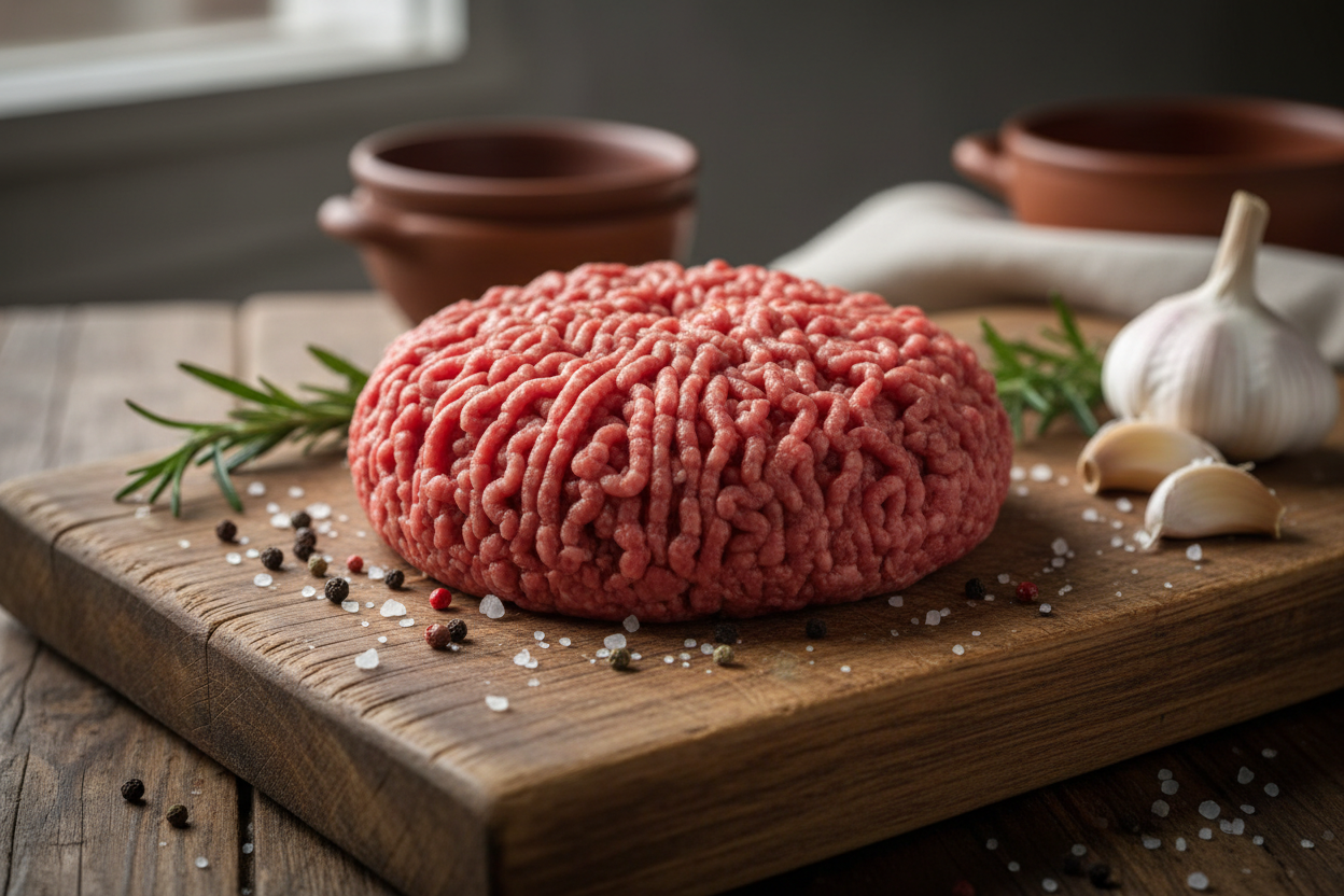 Raw ground beef on a cutting board