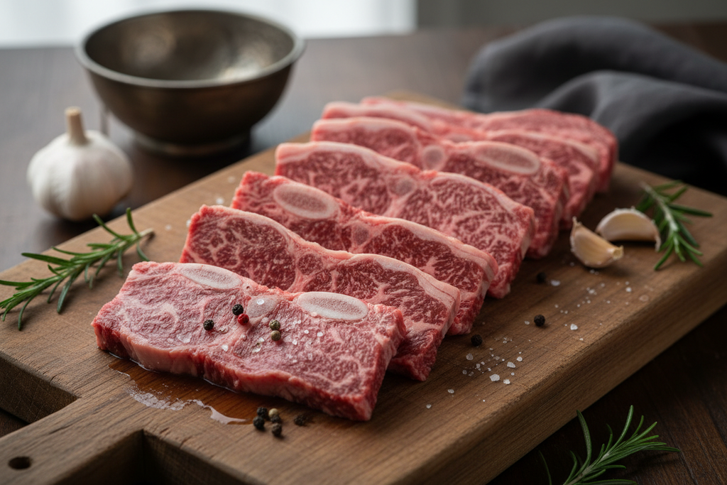 Raw Korean Beef Ribs on a Cutting Board