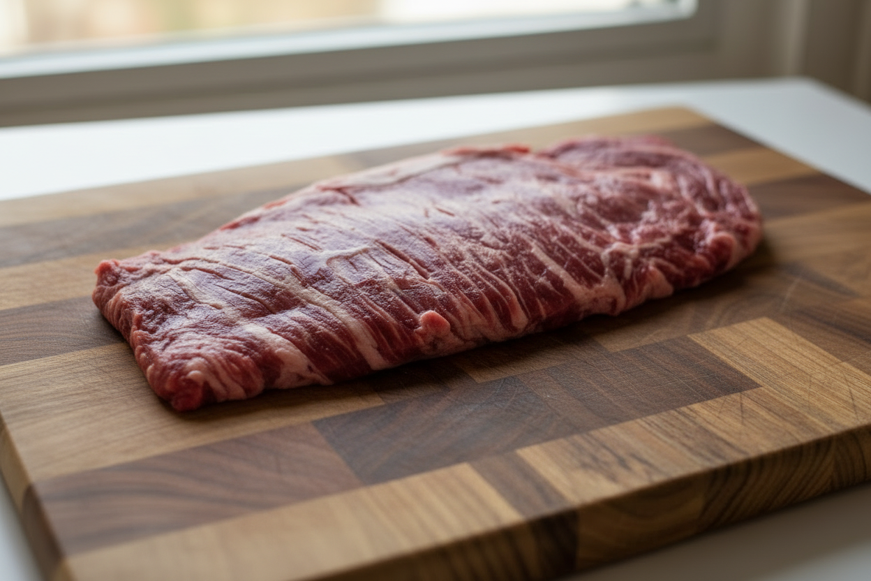 Raw Skirt Steak on Cutting Board No Paper