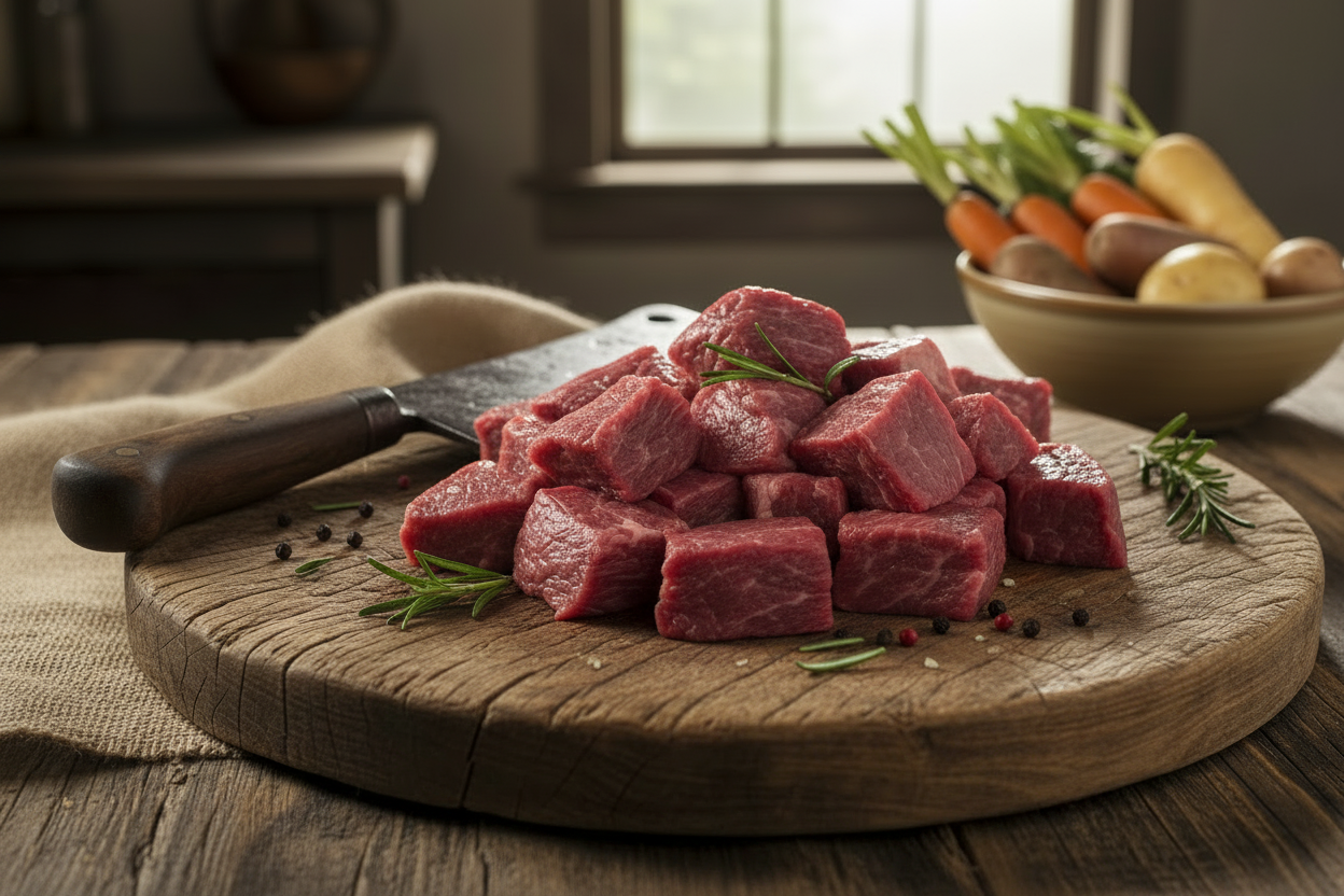 Raw stew meat on a cutting board