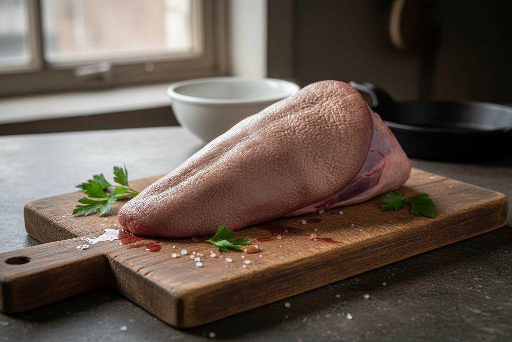 Raw whole beef tongue on a cutting board