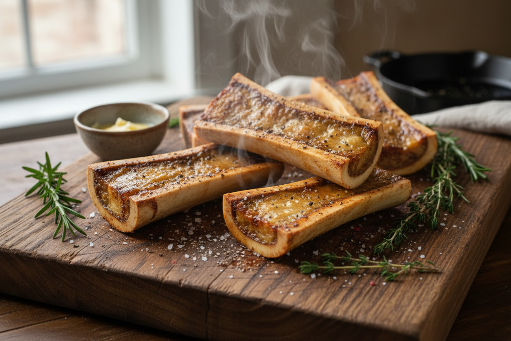 Roasted Beef Marrow Bones on a Cutting Board