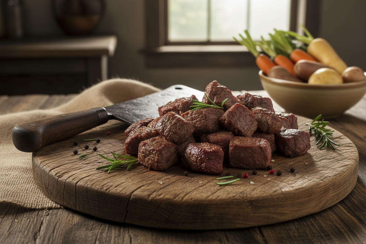 Stew meat on a cutting board
