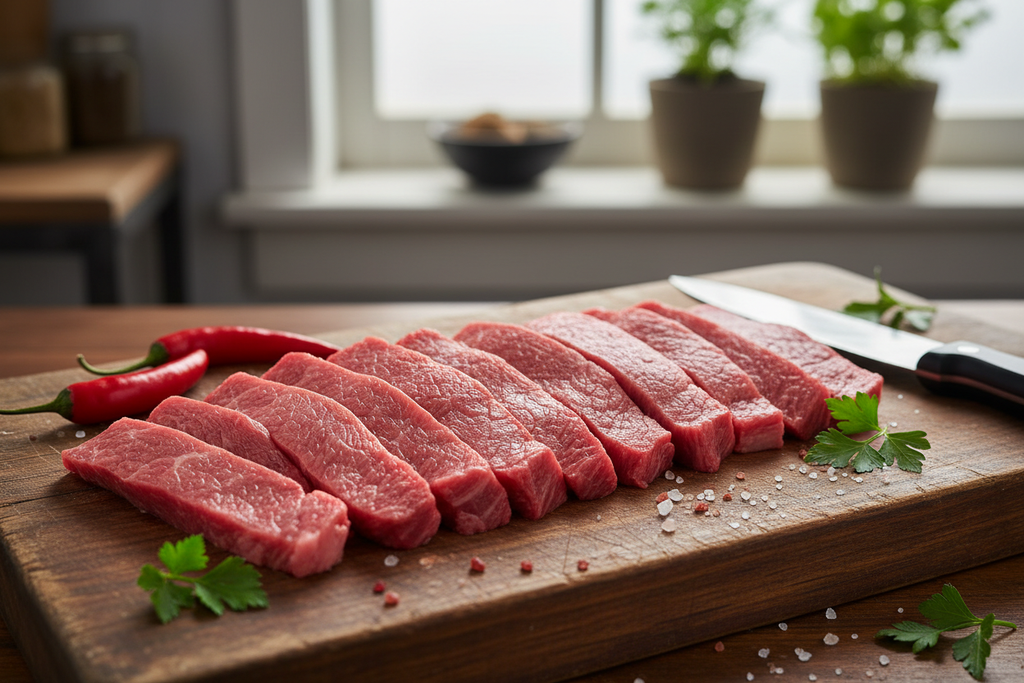 Stir Fry Beef Strips on Cutting Board