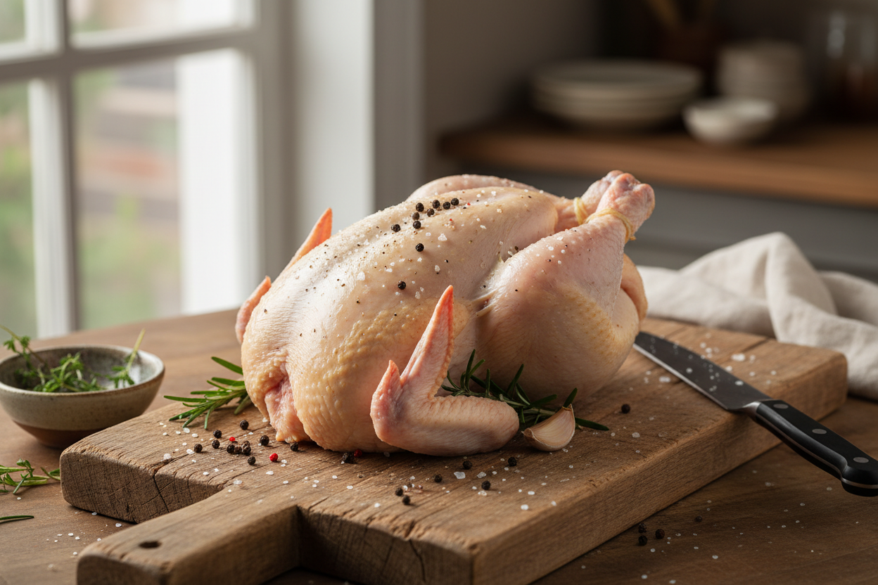 Whole raw chicken on a cutting board