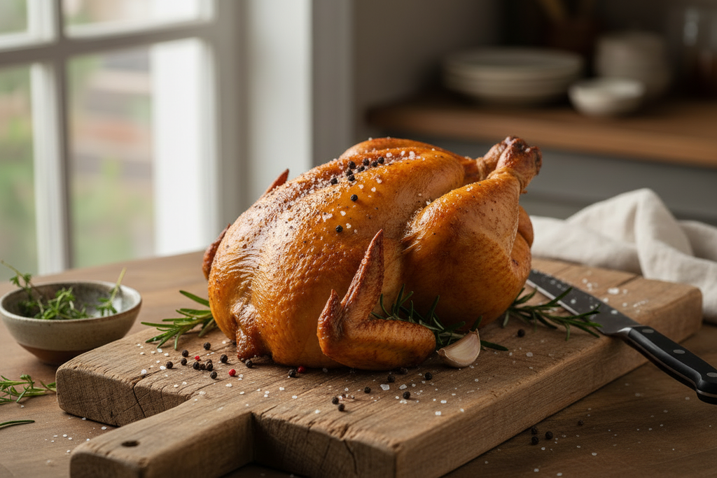 Whole roasted chicken on a cutting board
